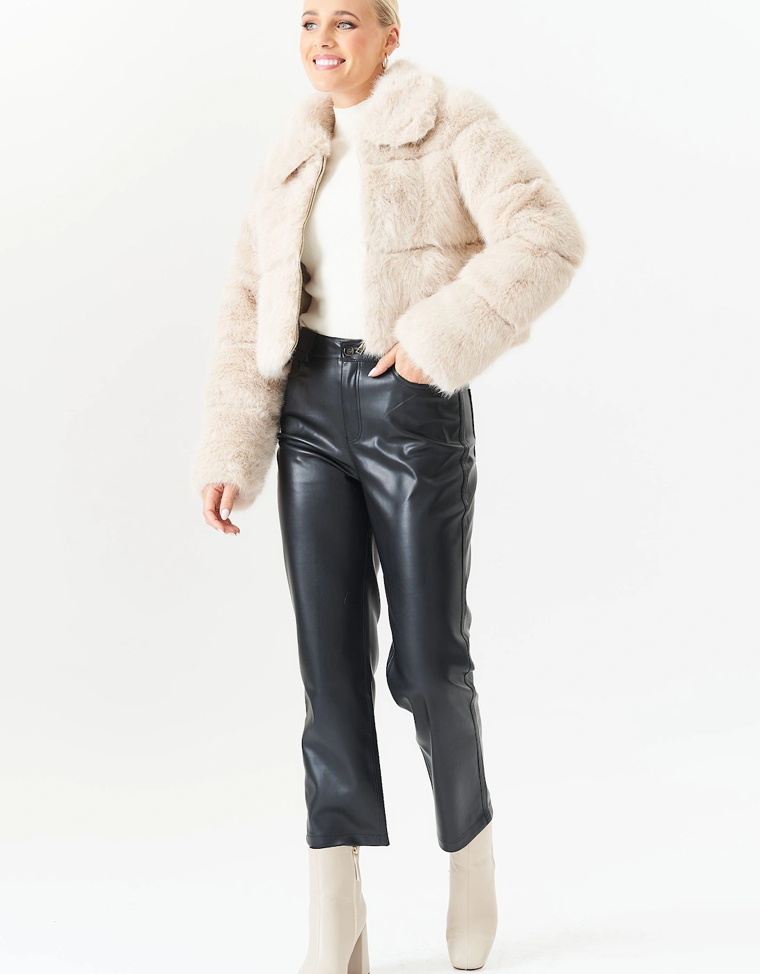Beige  Panel Faux Fur Cropped Jacket, 2 of 1