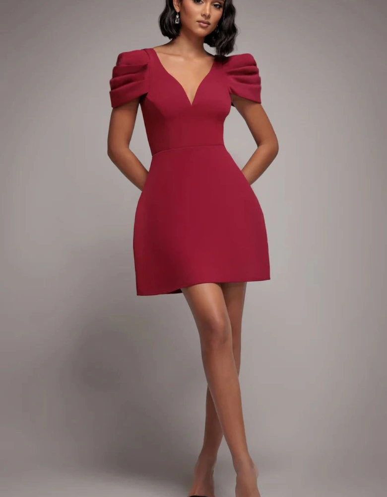 Plunging Neck Pleated Sleeve Scuba Mini Dress
