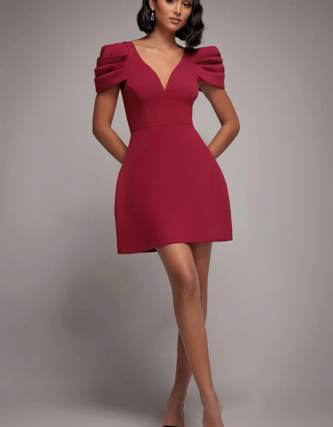 Plunging Neck Pleated Sleeve Scuba Mini Dress, 2 of 1