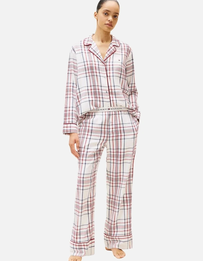 Women Plaid Check Flannel Pyjamas & Slippers Gift Set, Ivory Silk