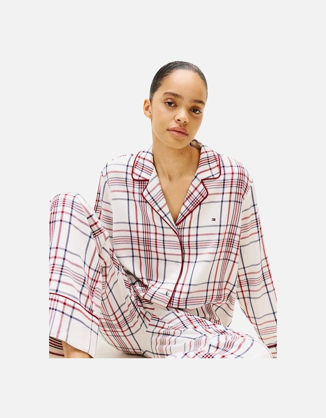 Women Plaid Check Flannel Pyjamas & Slippers Gift Set, Ivory Silk