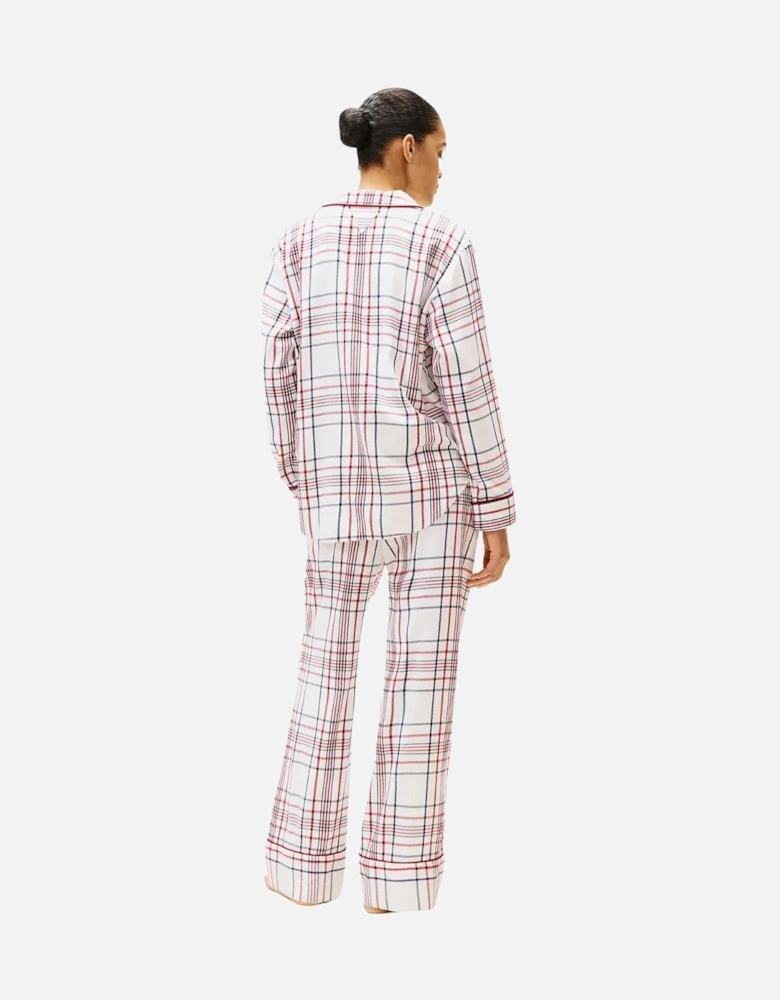 Women Plaid Check Flannel Pyjamas & Slippers Gift Set, Ivory Silk