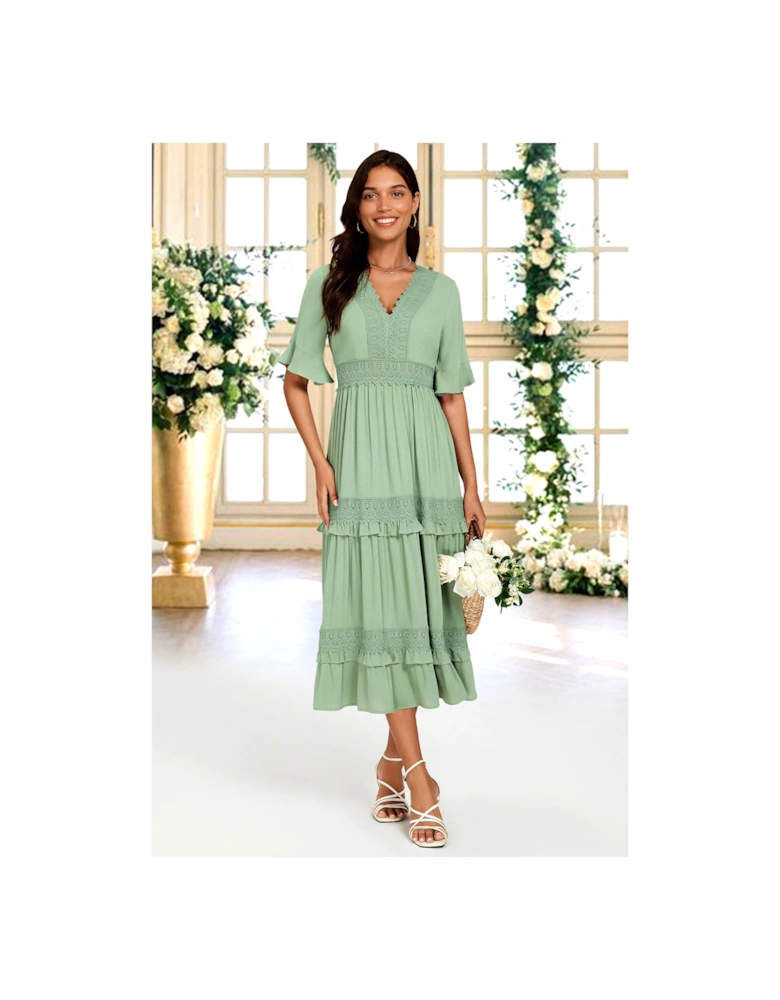 V Neck Lace Detail Midi Dress