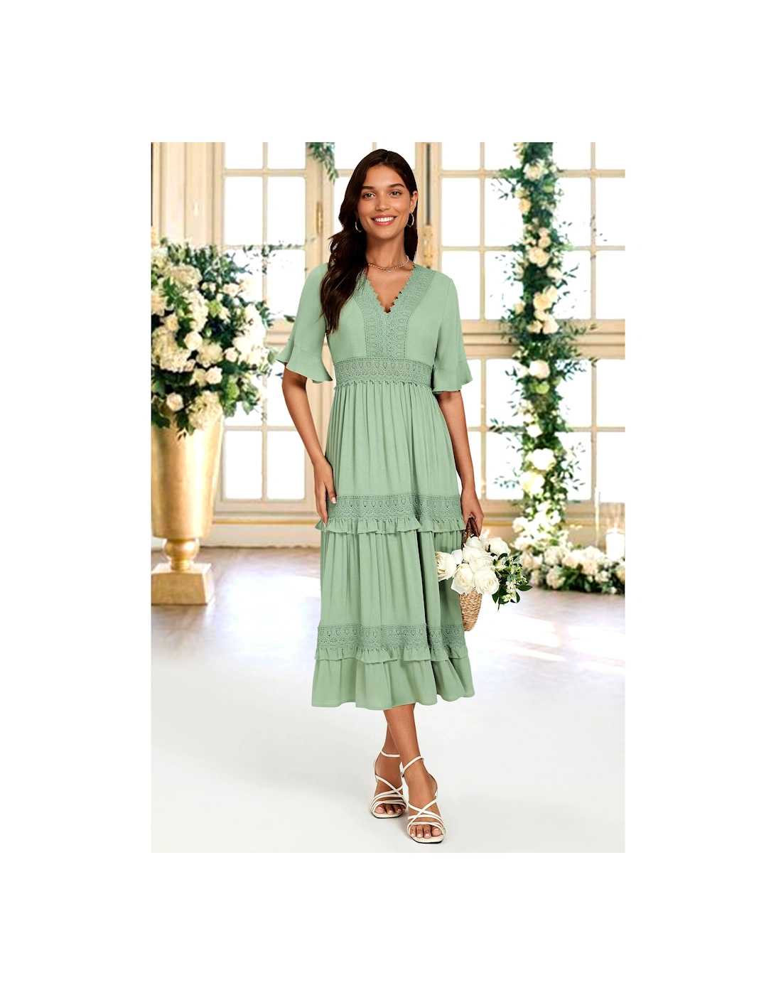 V Neck Lace Detail Midi Dress, 2 of 1