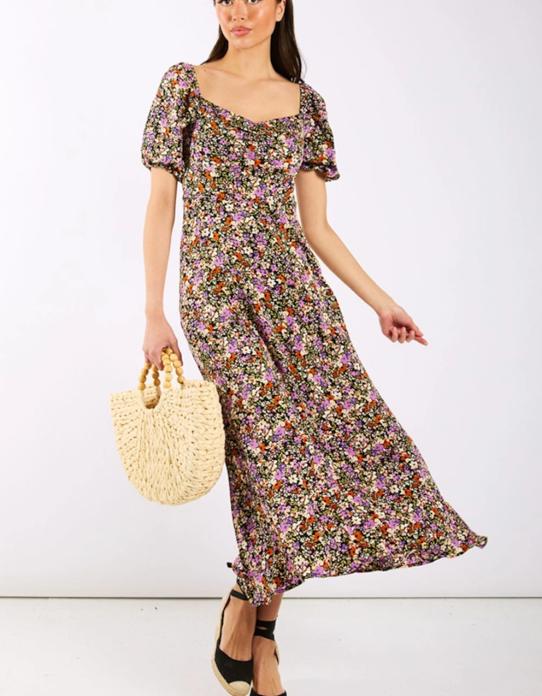 Purple Floral Sweetheart Neck Midi Dress