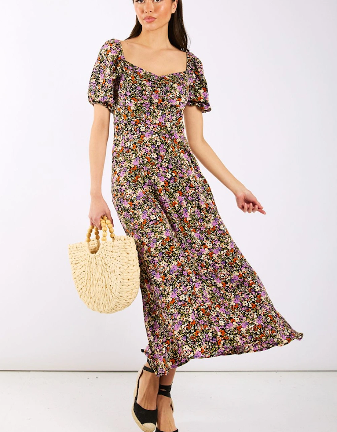 Purple Floral Sweetheart Neck Midi Dress, 2 of 1