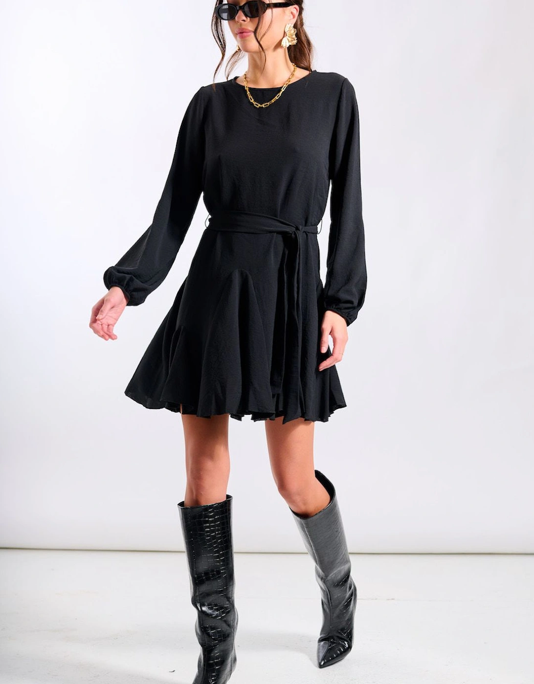 Black Crepe Belted Fit and Flare Dress, 2 of 1