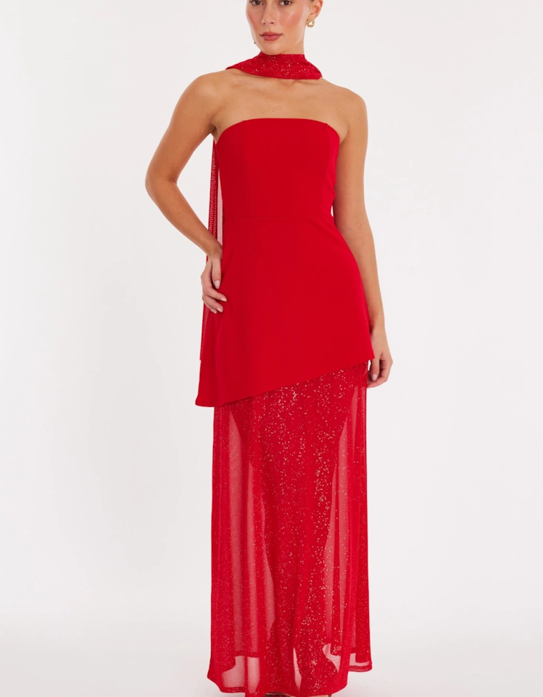Red Glitter Mesh Hem Maxi Dress