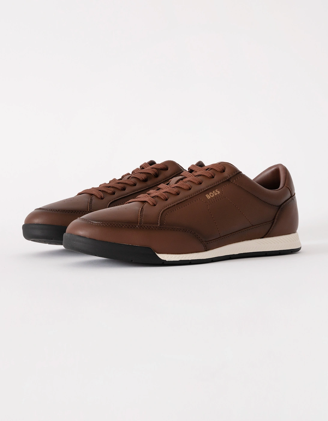 Men's BOSS Orange Nitan Mens Leather Trainers with Embossed Logo - Medium Brown 210 - Size: 8