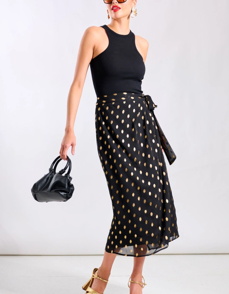 Black Foil Wrap Midi Skirt