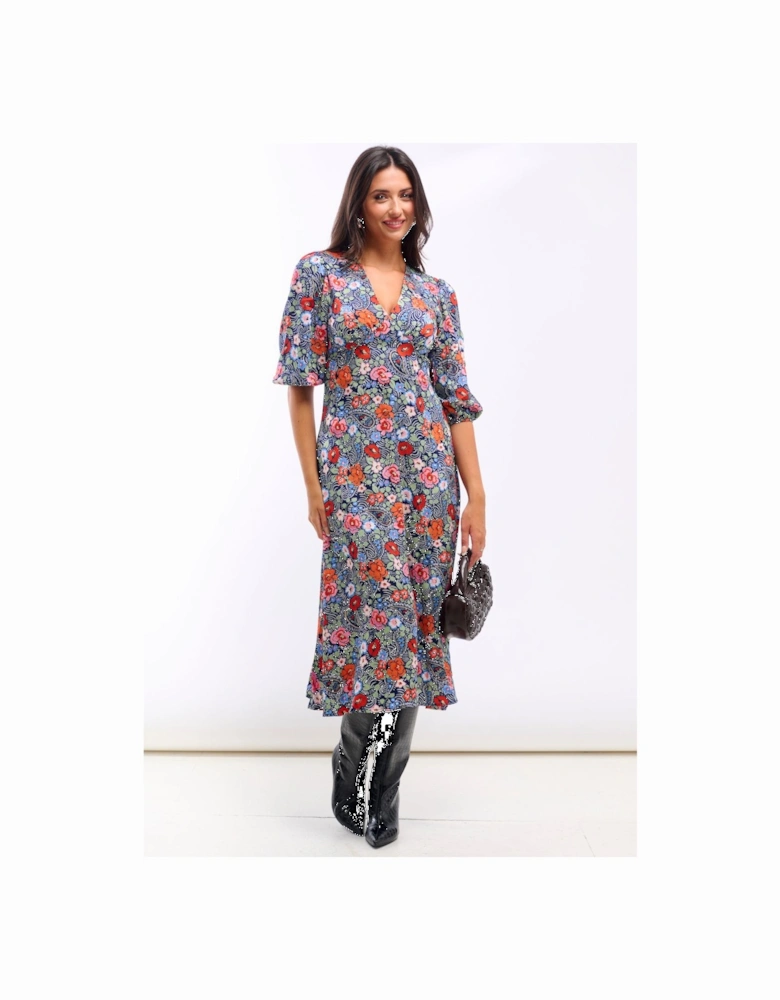 Multicoloured Floral Satin Midi Dress