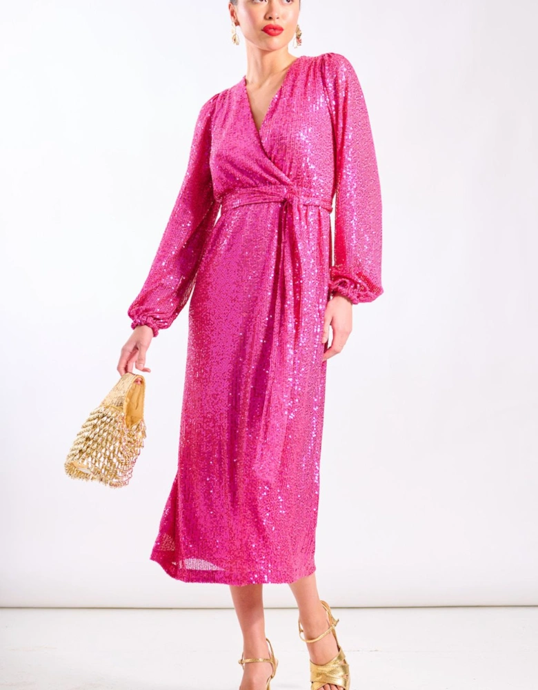Pink Sequin Wrap Midi Dress