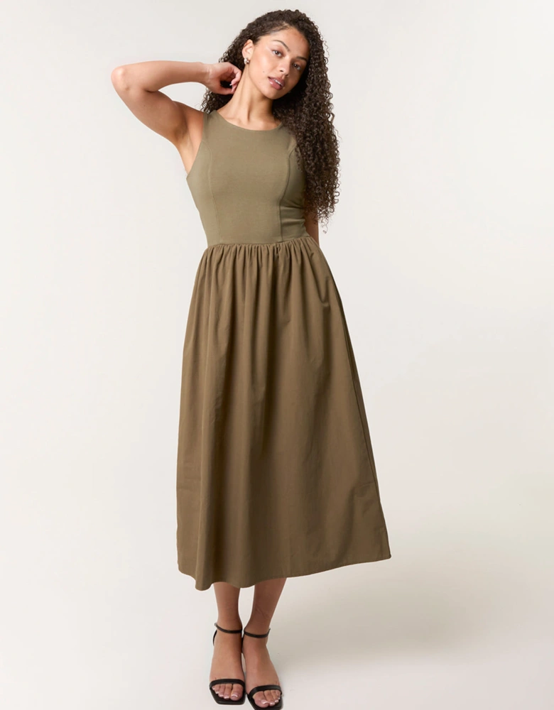 Khaki Mix Fabric Midi Dress
