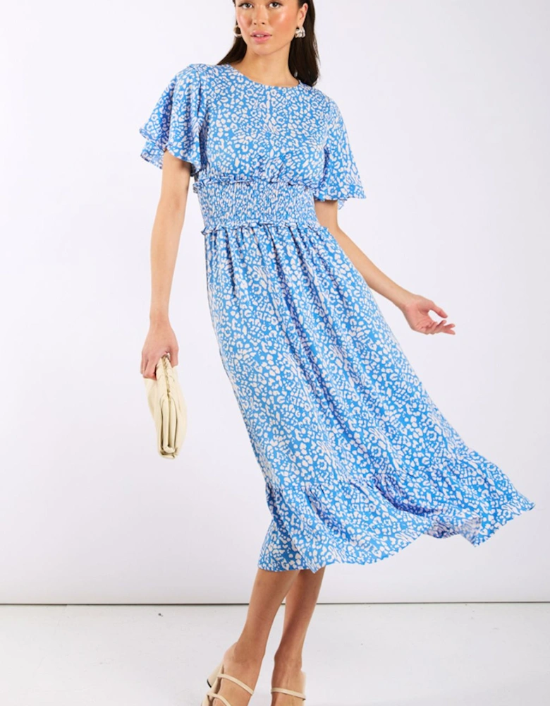 Blue Animal Smock Waisted Midi Dress