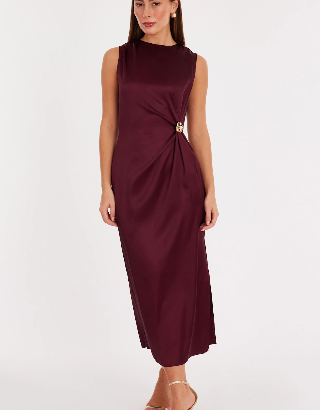 Wine Satin Buckle Side Midaxi Dress, 2 of 1
