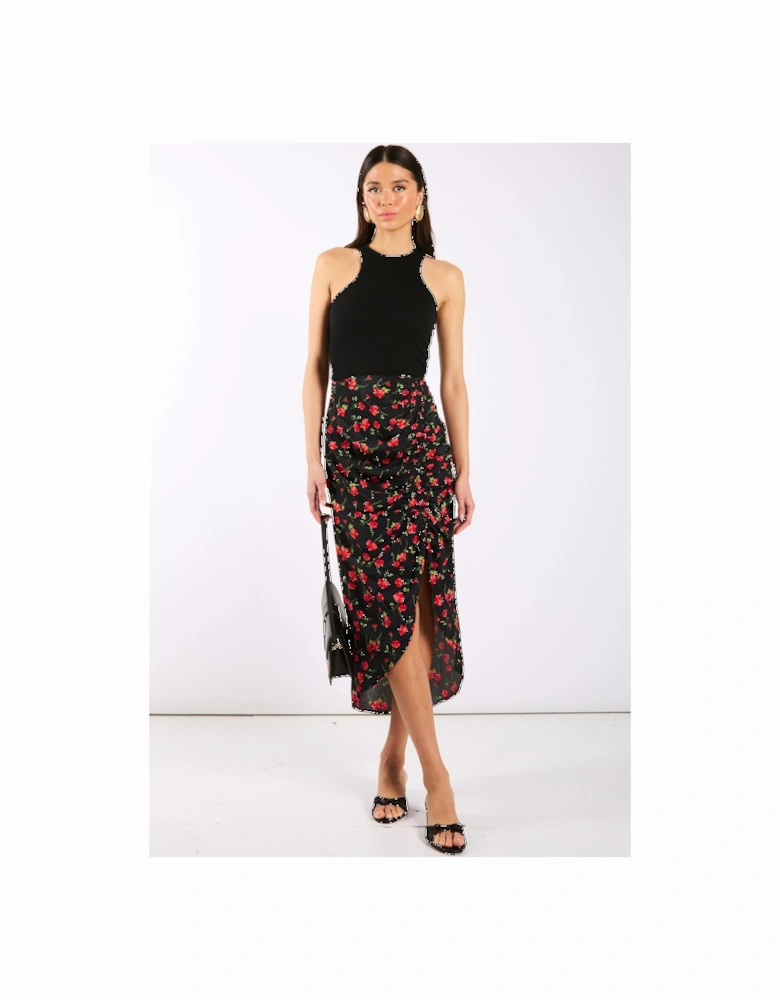 Black Floral Ruche Side Midi Skirt