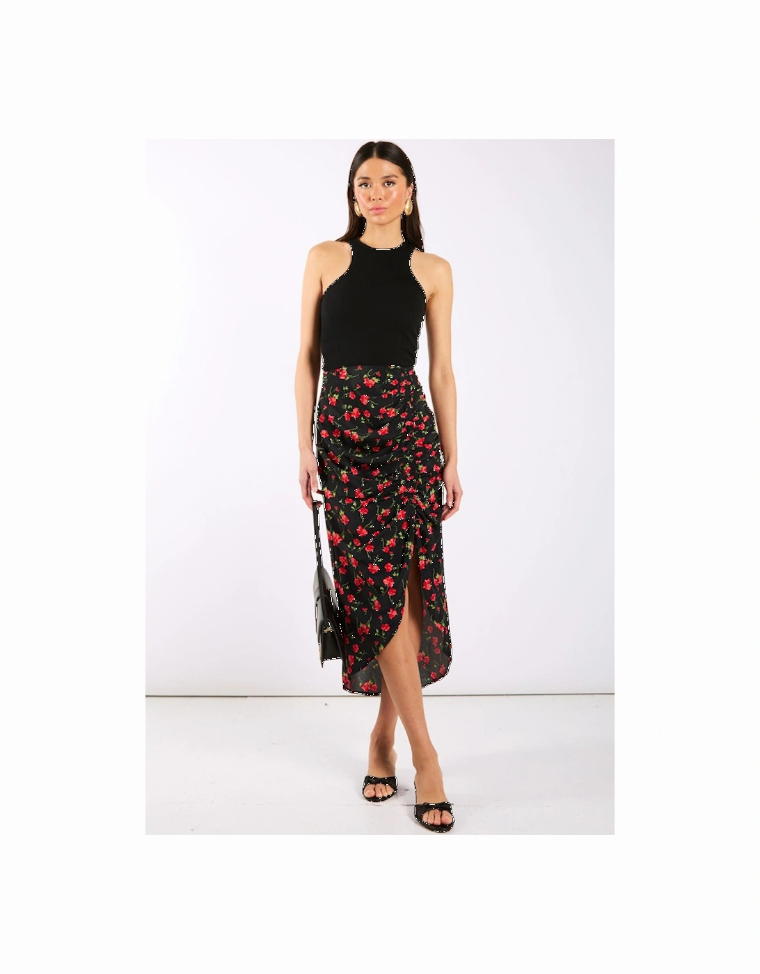 Black Floral Ruche Side Midi Skirt, 2 of 1