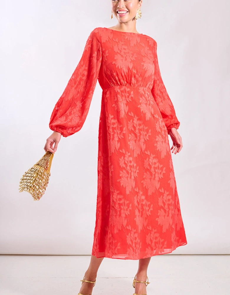 Coral Long Sleeve Jacquard Midi Dress