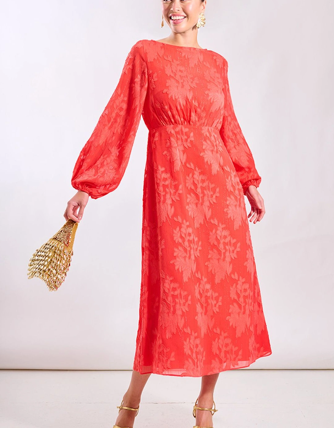 Coral Long Sleeve Jacquard Midi Dress, 2 of 1