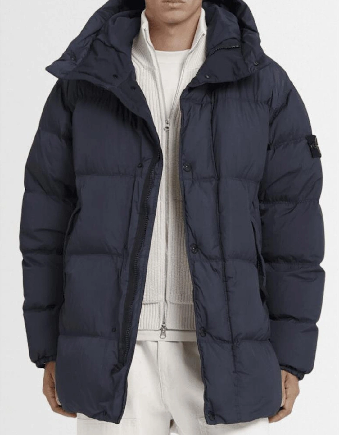 Crinkle Reps Mid Length Navy Puffer Jacket