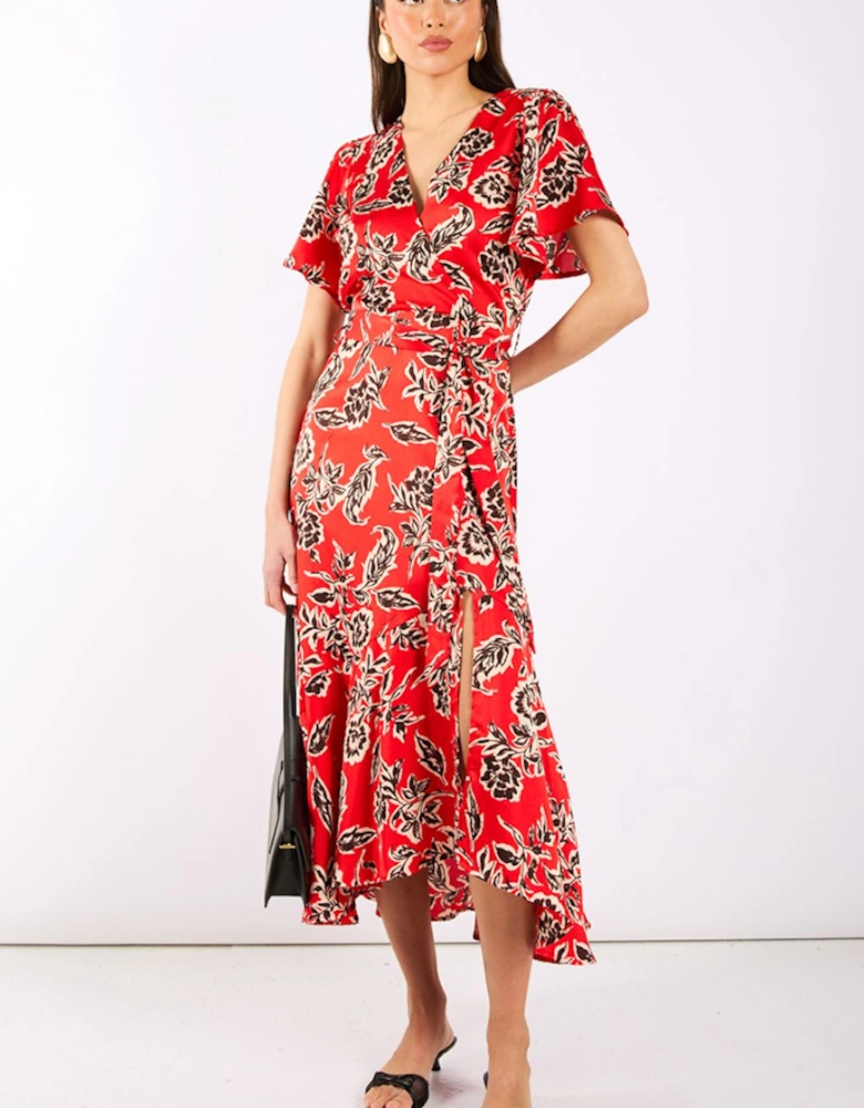 Red Floral Satin Wrap Midi