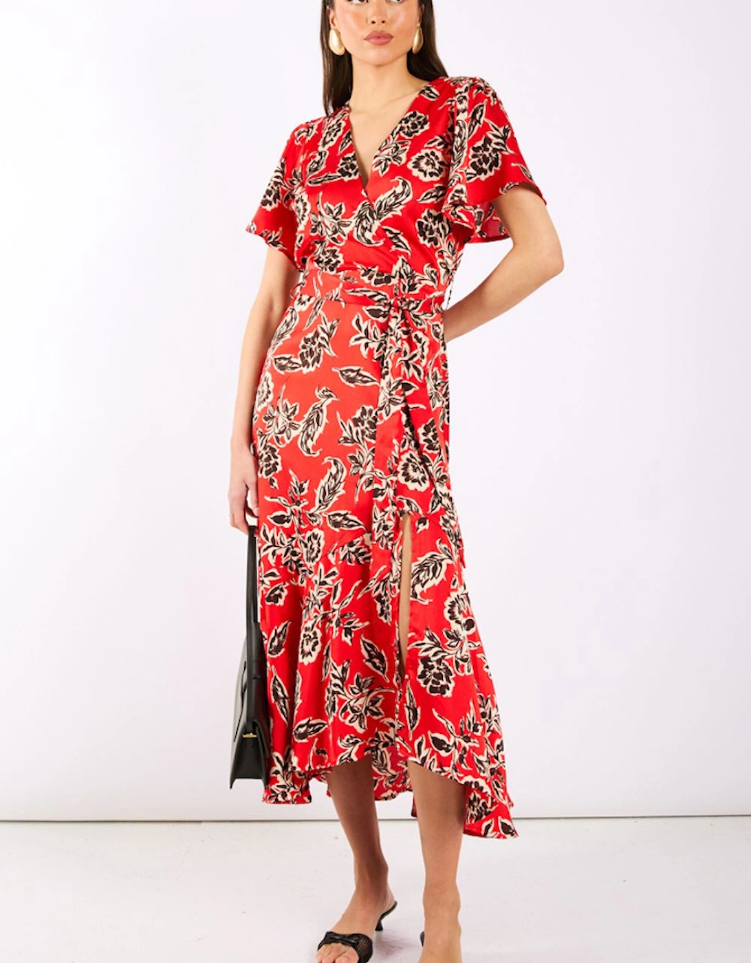 Red Floral Satin Wrap Midi, 2 of 1