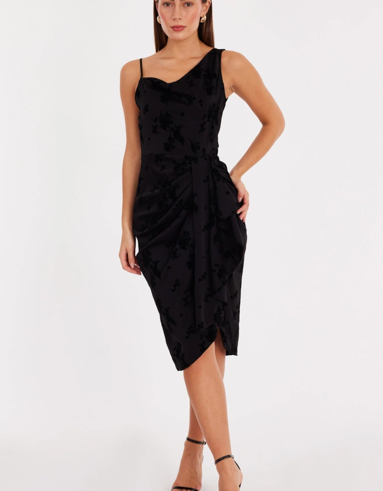 Black Satin Floral Midi Dress