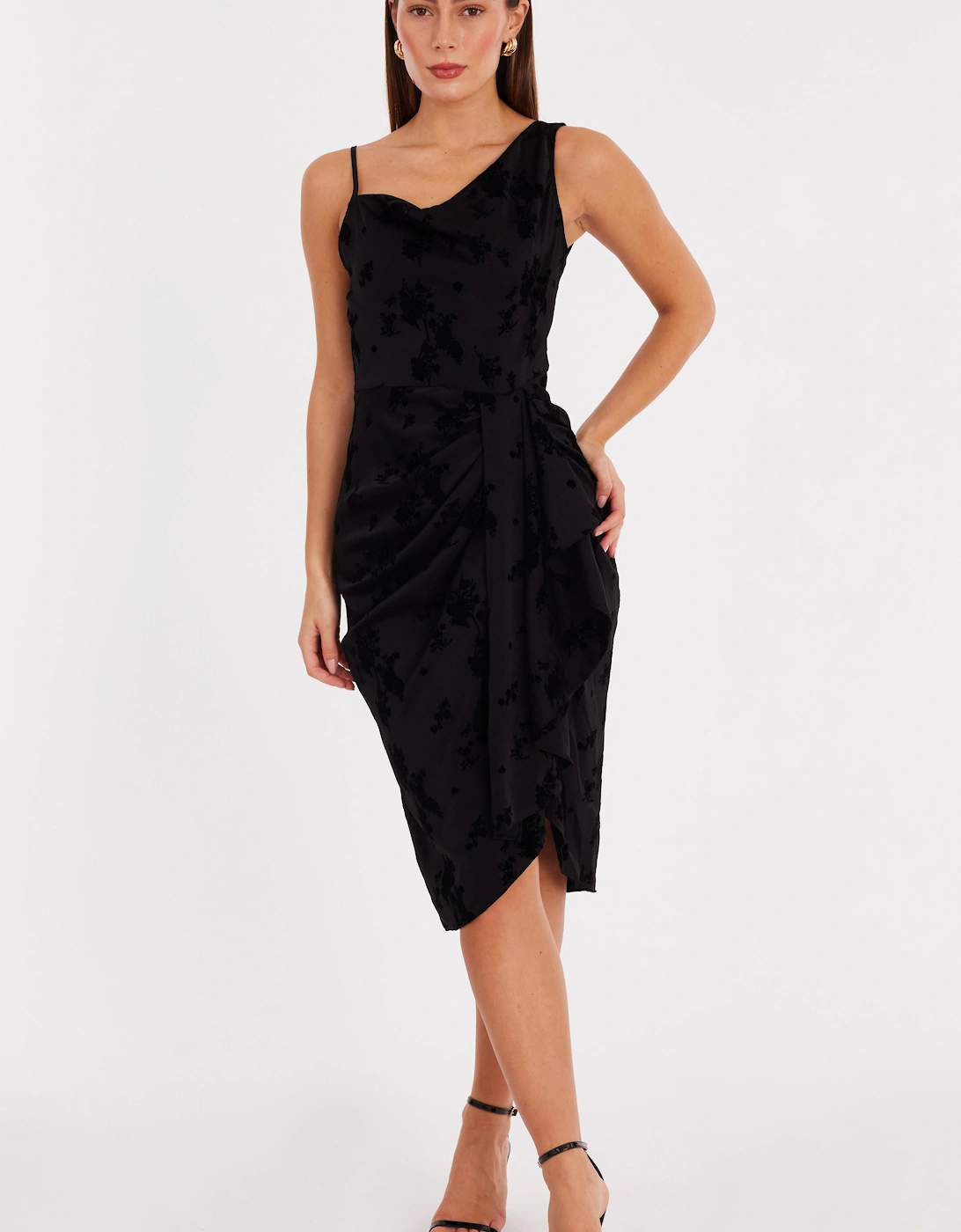 Black Satin Floral Midi Dress, 2 of 1
