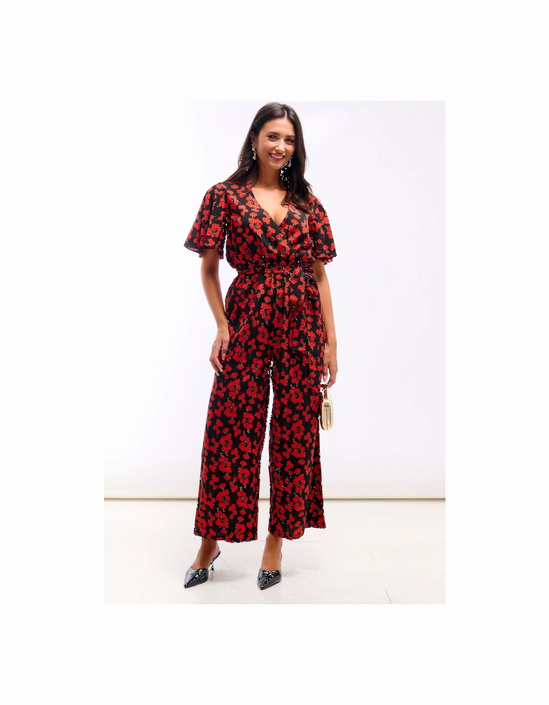 Red Floral Flutter Sleeve Jumpsuit, 2 of 1