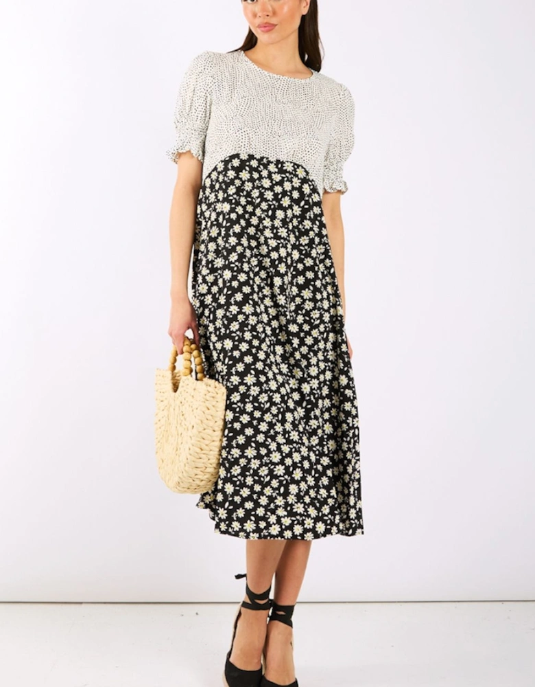 Daisy Spot Puff Sleeve Midi Dress