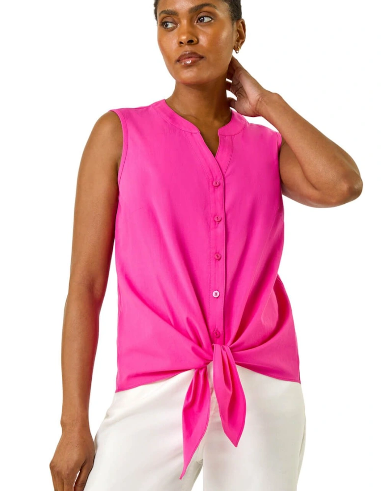 Cotton Tie Front V-Neck Blouse