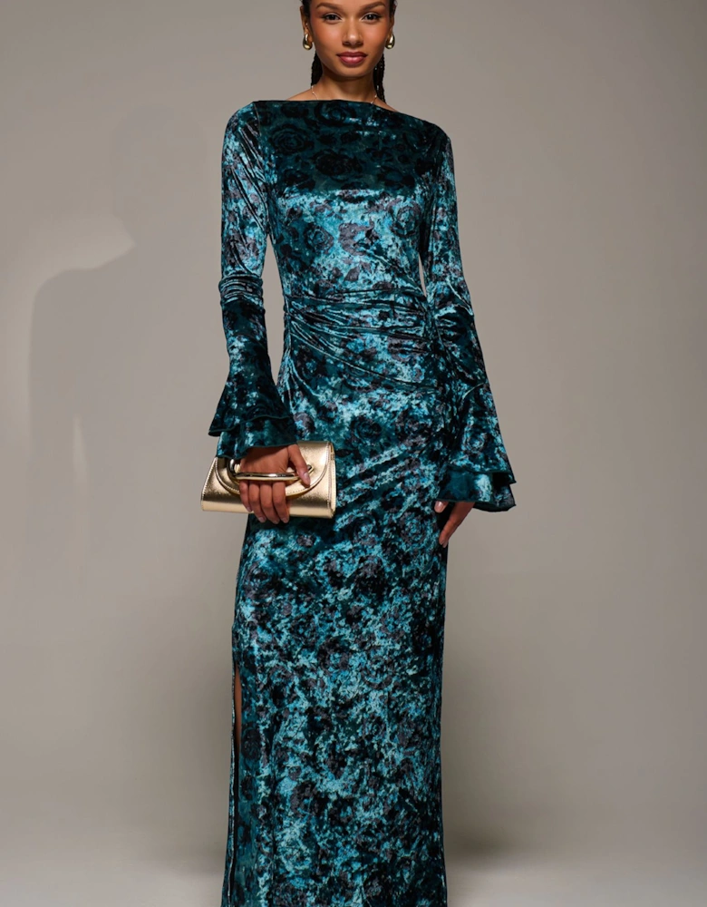 Ruffle Sleeve Boat Neck Velvet Maxi Dress