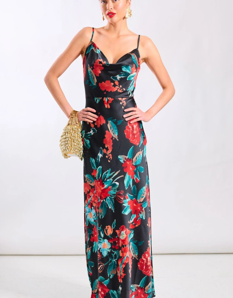 Red Floral Cowl Neck Satin Maxi Dress