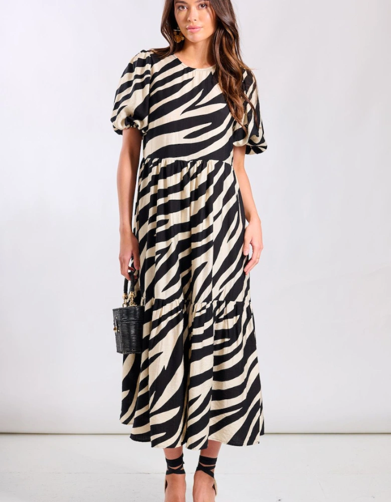 Cream Animal Viscose Puff Sleeve Midi Dress