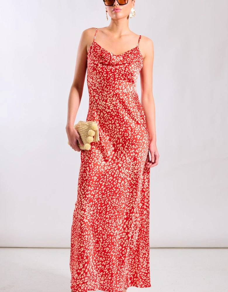 Red Animal Cowl Neck Maxi Slip Dress