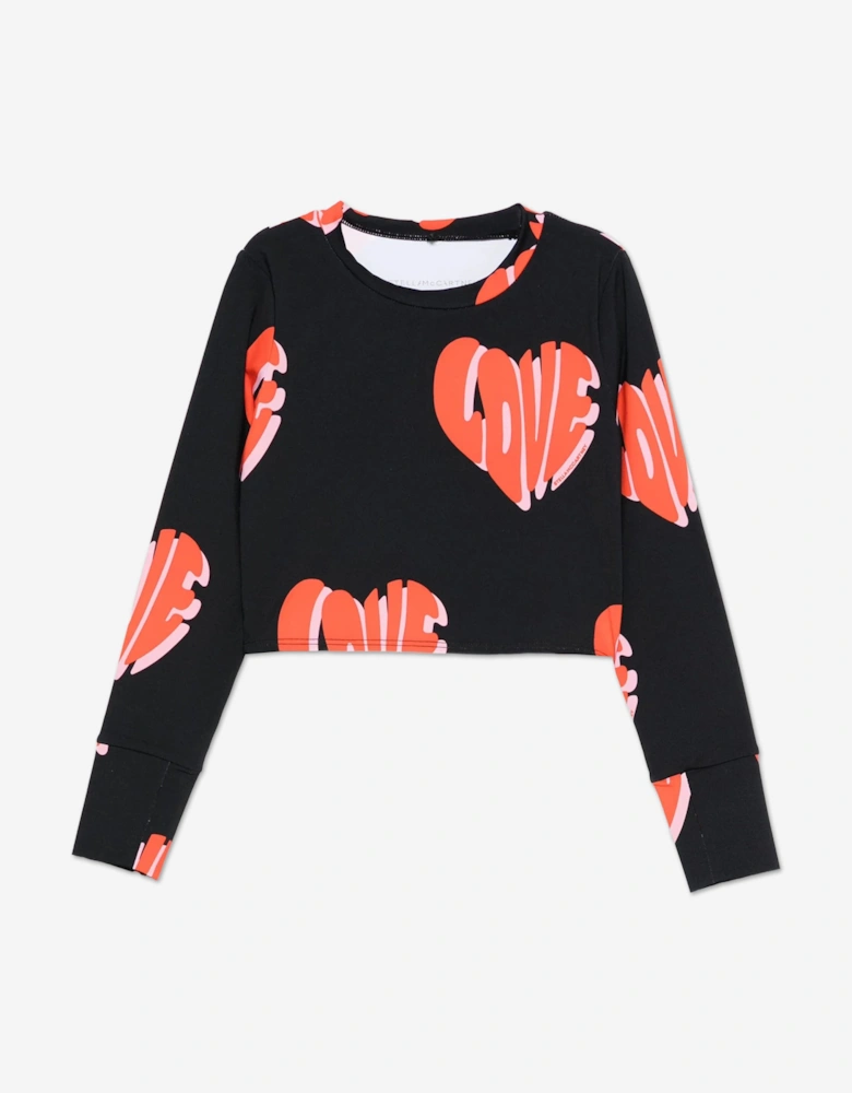 Girls Long Sleeve Love AOP Top in Black