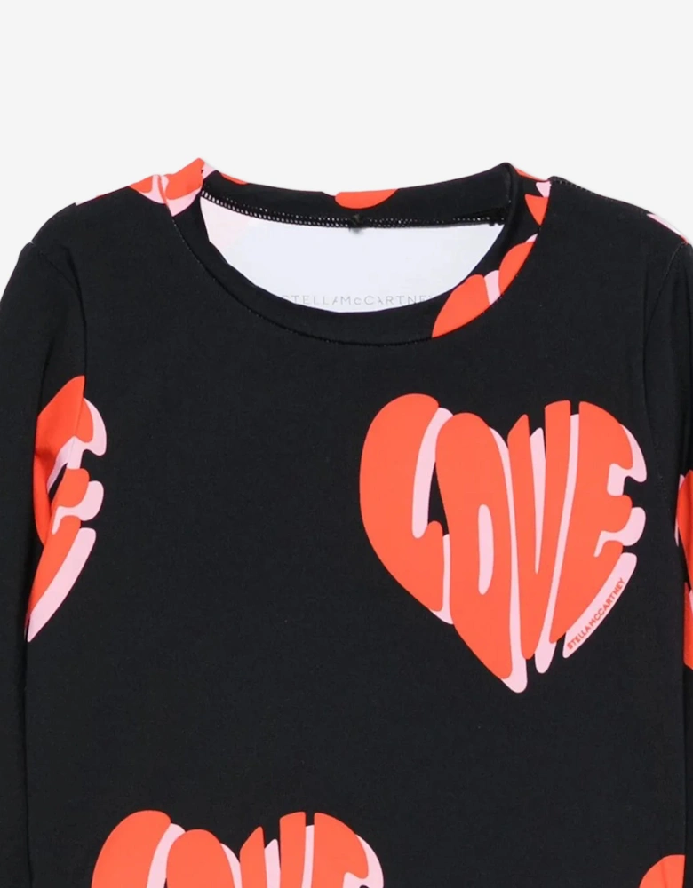 Girls Long Sleeve Love AOP Top in Black