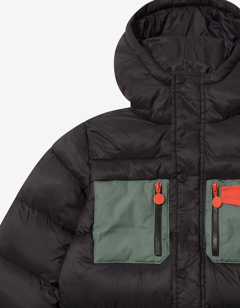 Boys Contrast Pocket Puffer Jacket in Black