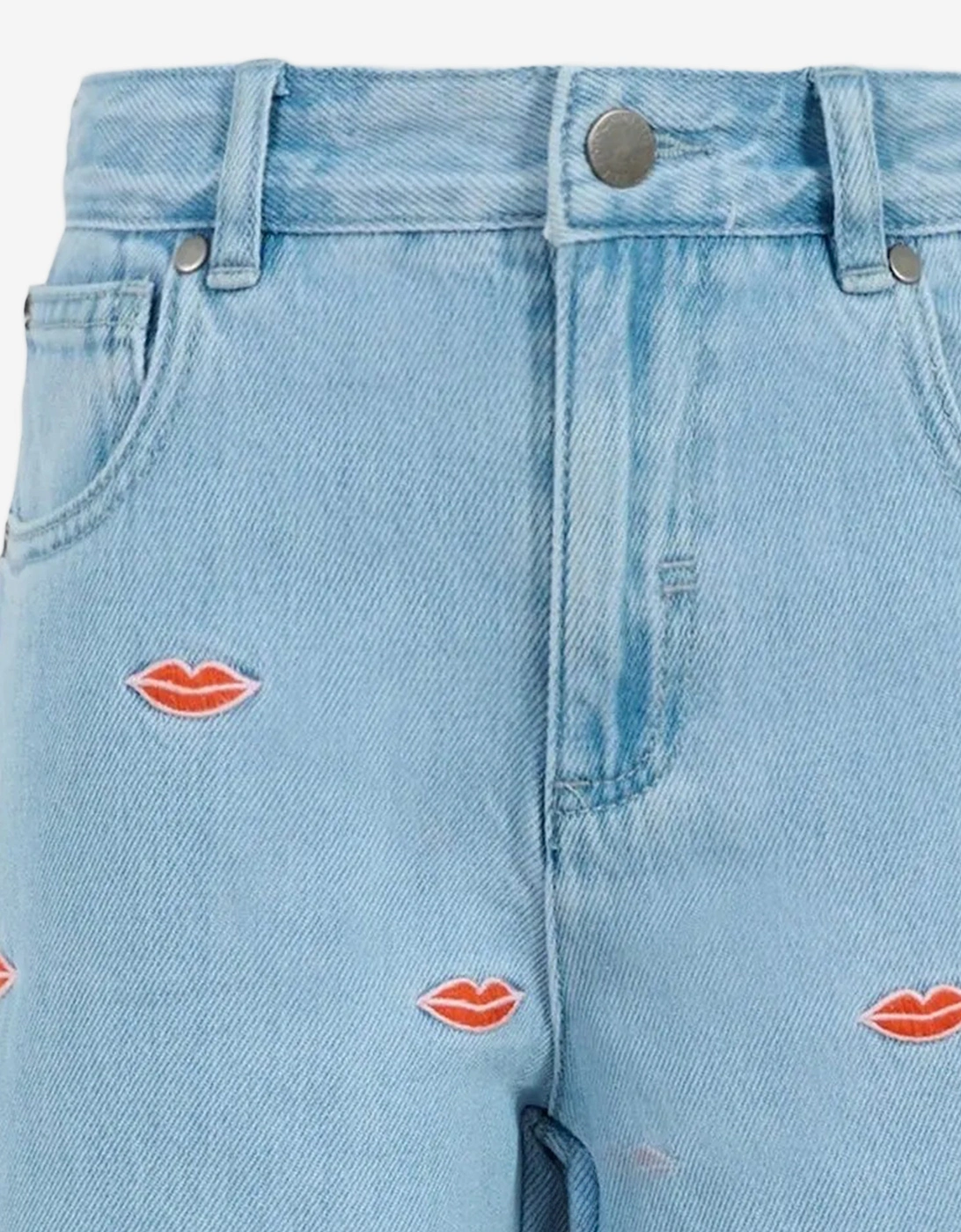 Girls Embroidered Lips Wide Leg Jeans in Blue