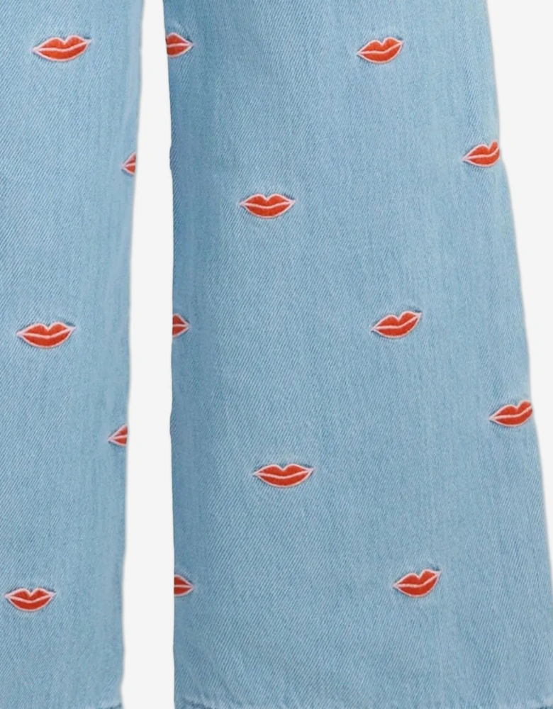 Girls Embroidered Lips Wide Leg Jeans in Blue