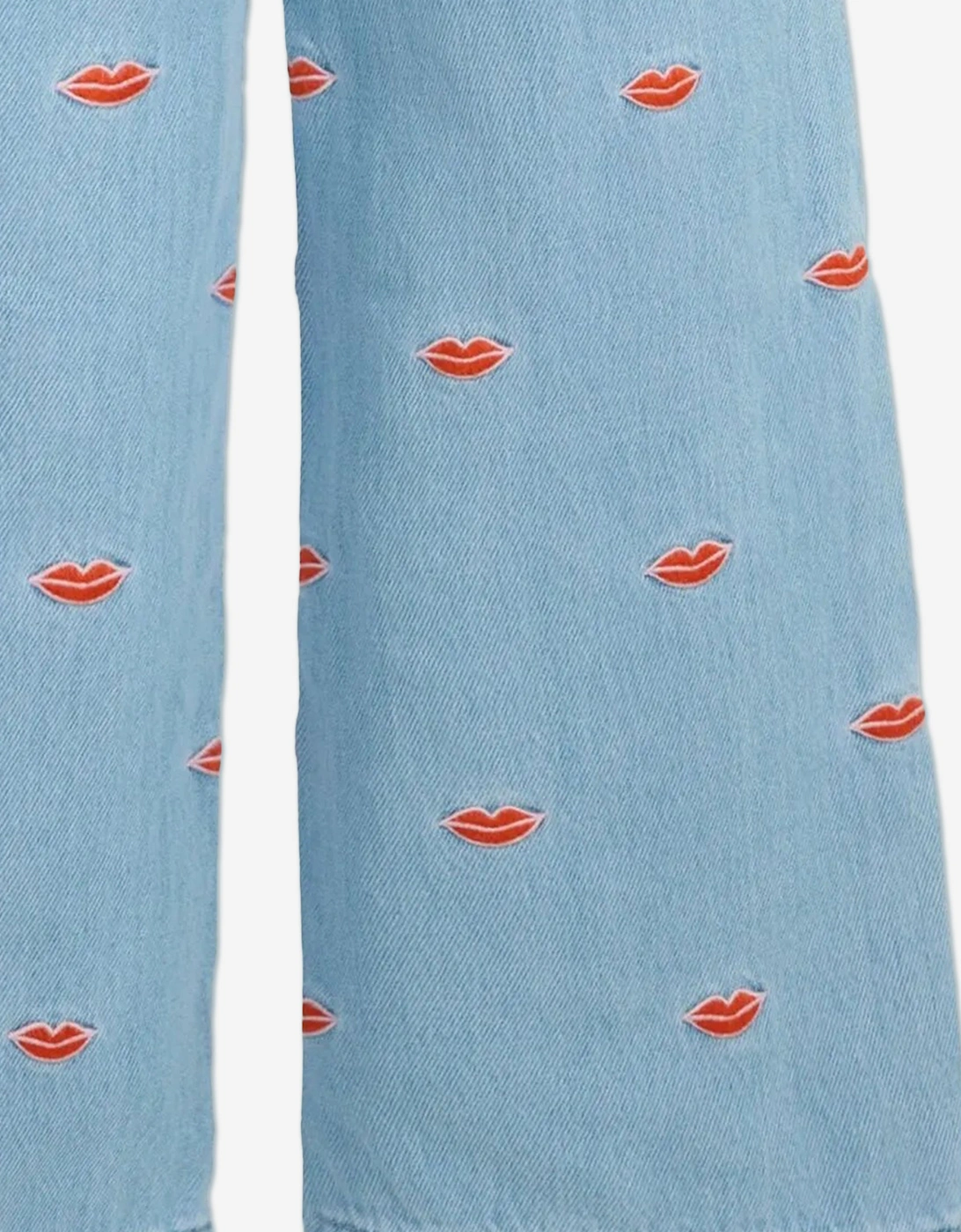 Girls Embroidered Lips Wide Leg Jeans in Blue