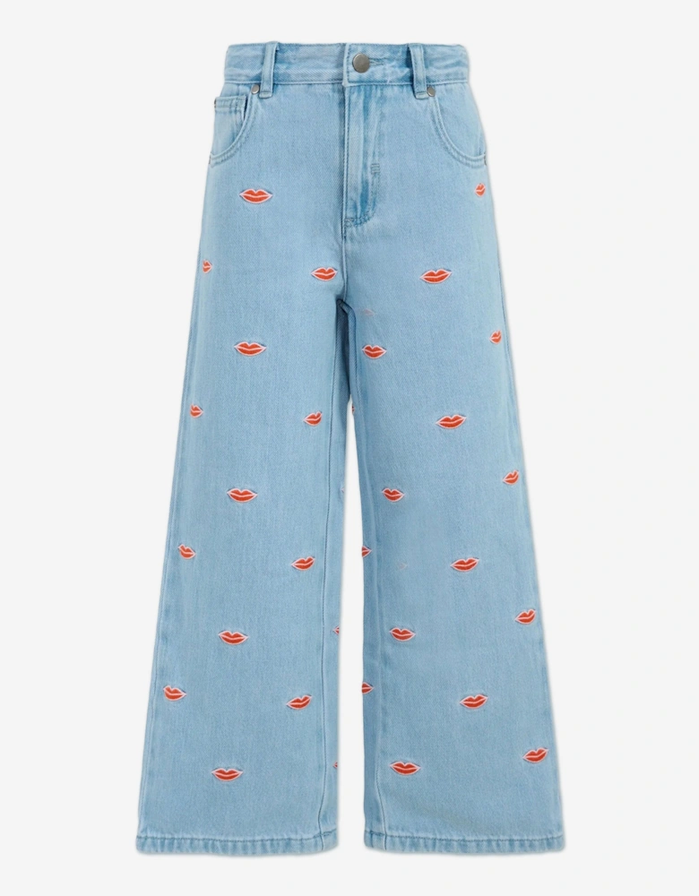 Girls Embroidered Lips Wide Leg Jeans in Blue
