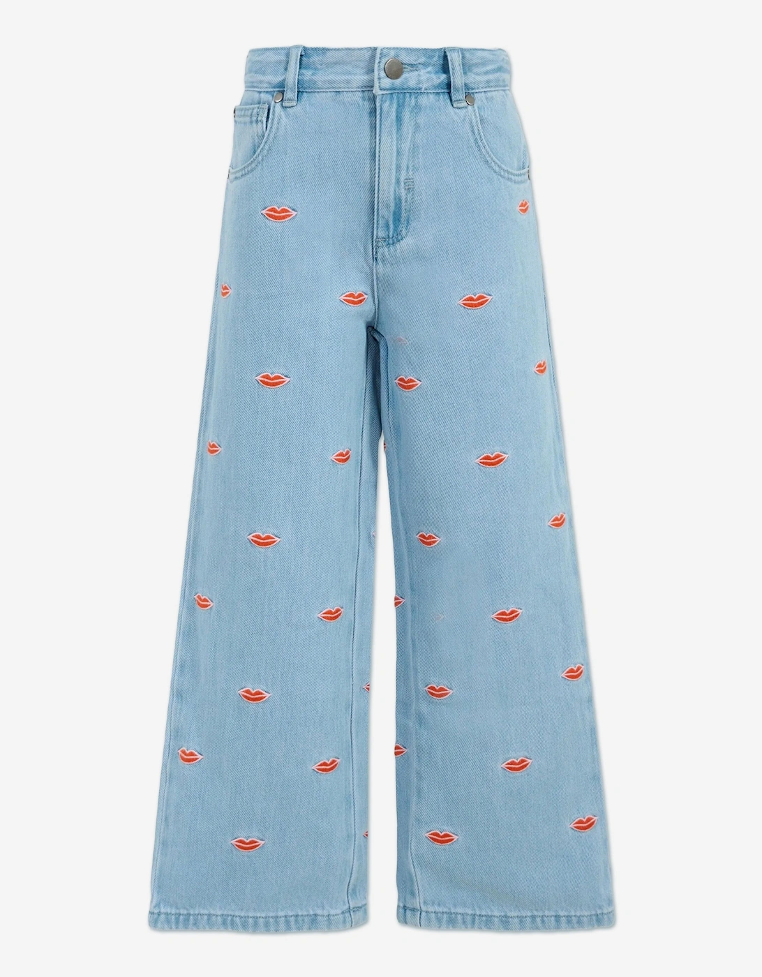 Girls Embroidered Lips Wide Leg Jeans in Blue, 5 of 4