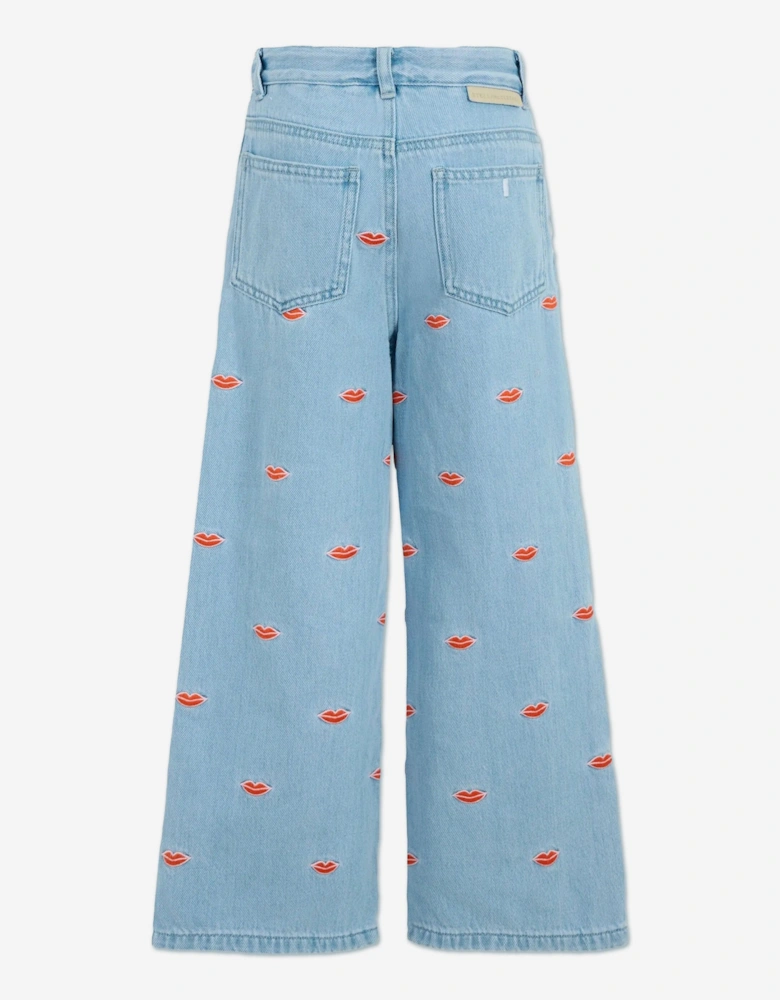 Girls Embroidered Lips Wide Leg Jeans in Blue