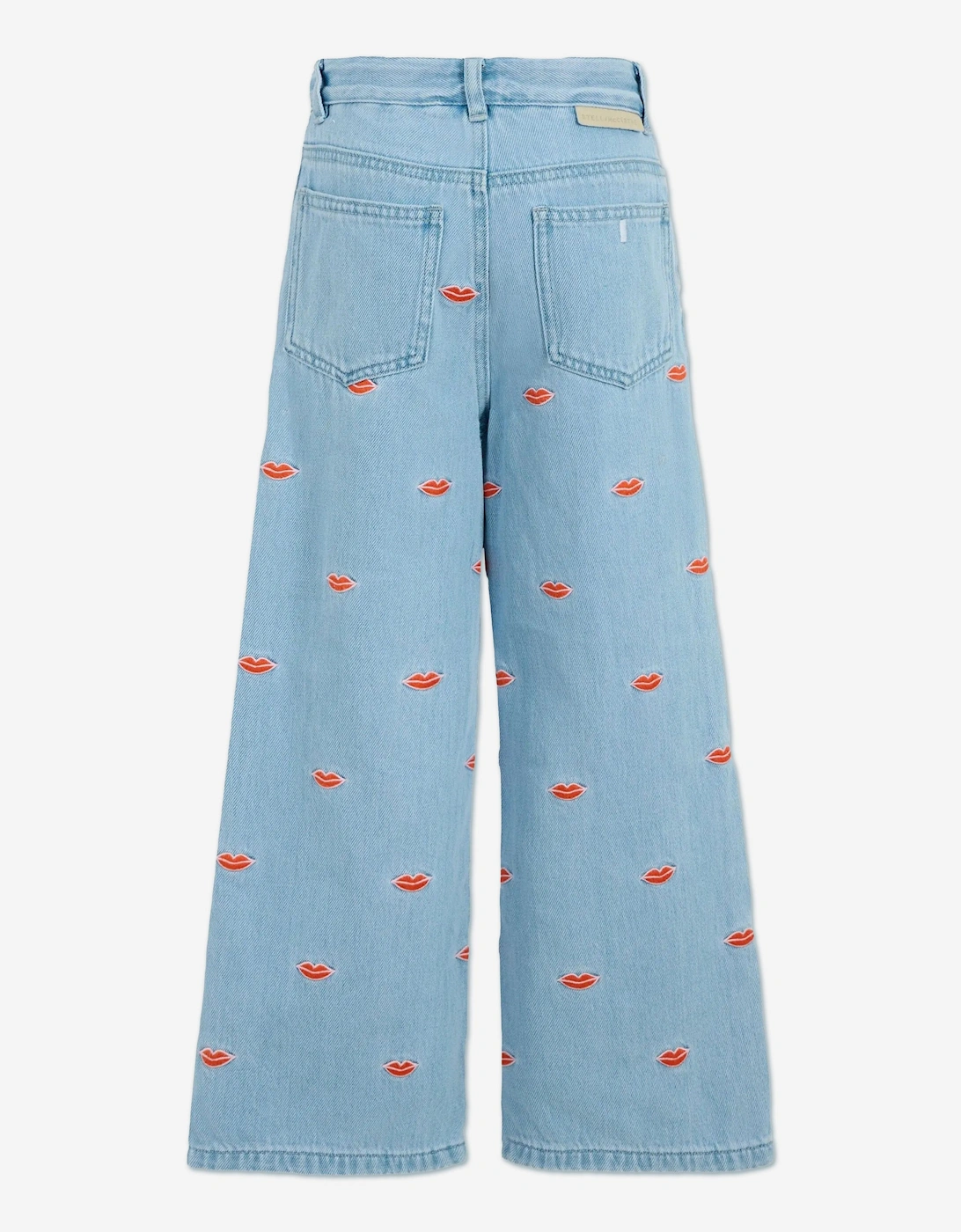 Girls Embroidered Lips Wide Leg Jeans in Blue