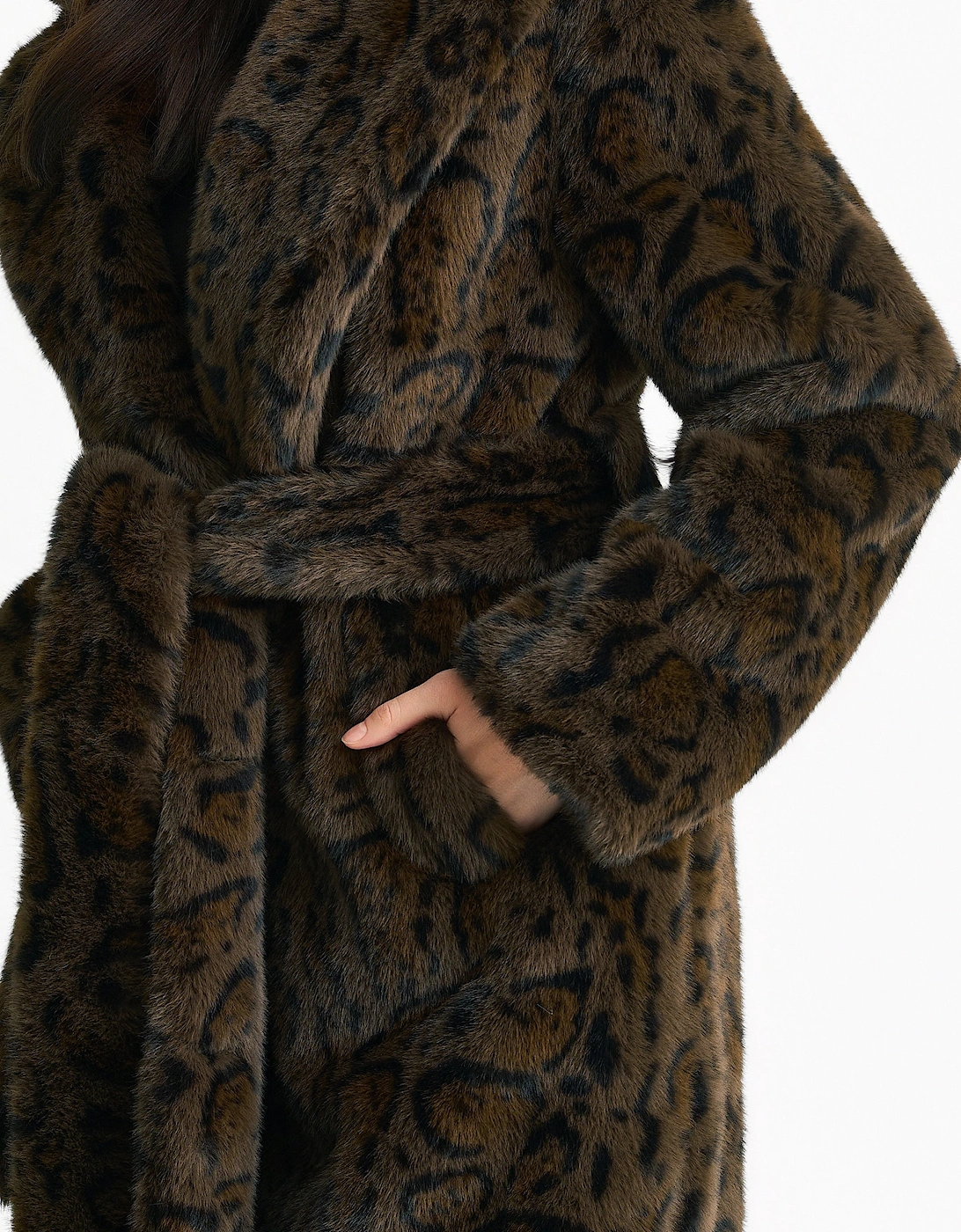 Chocolate Leopard Print Premium Faux Fur Belted Coat