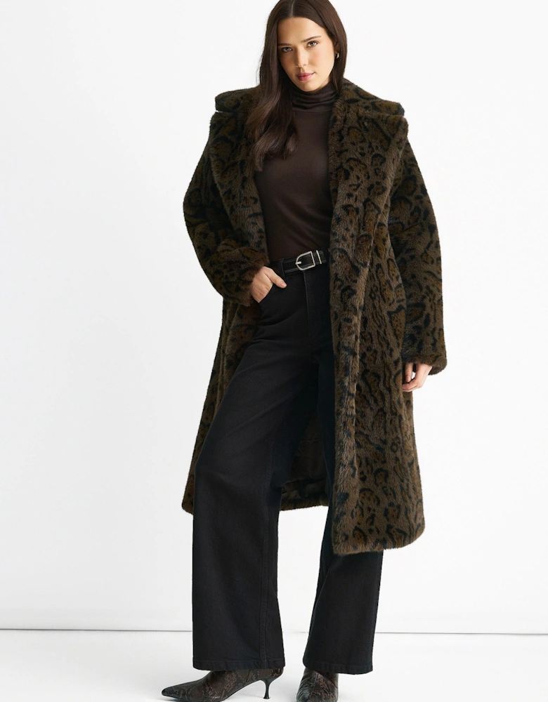 Chocolate Leopard Print Premium Faux Fur Belted Coat