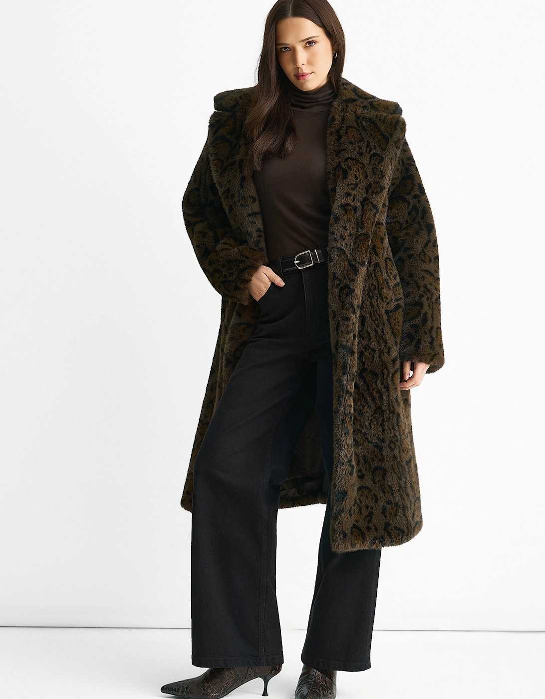 Chocolate Leopard Print Premium Faux Fur Belted Coat