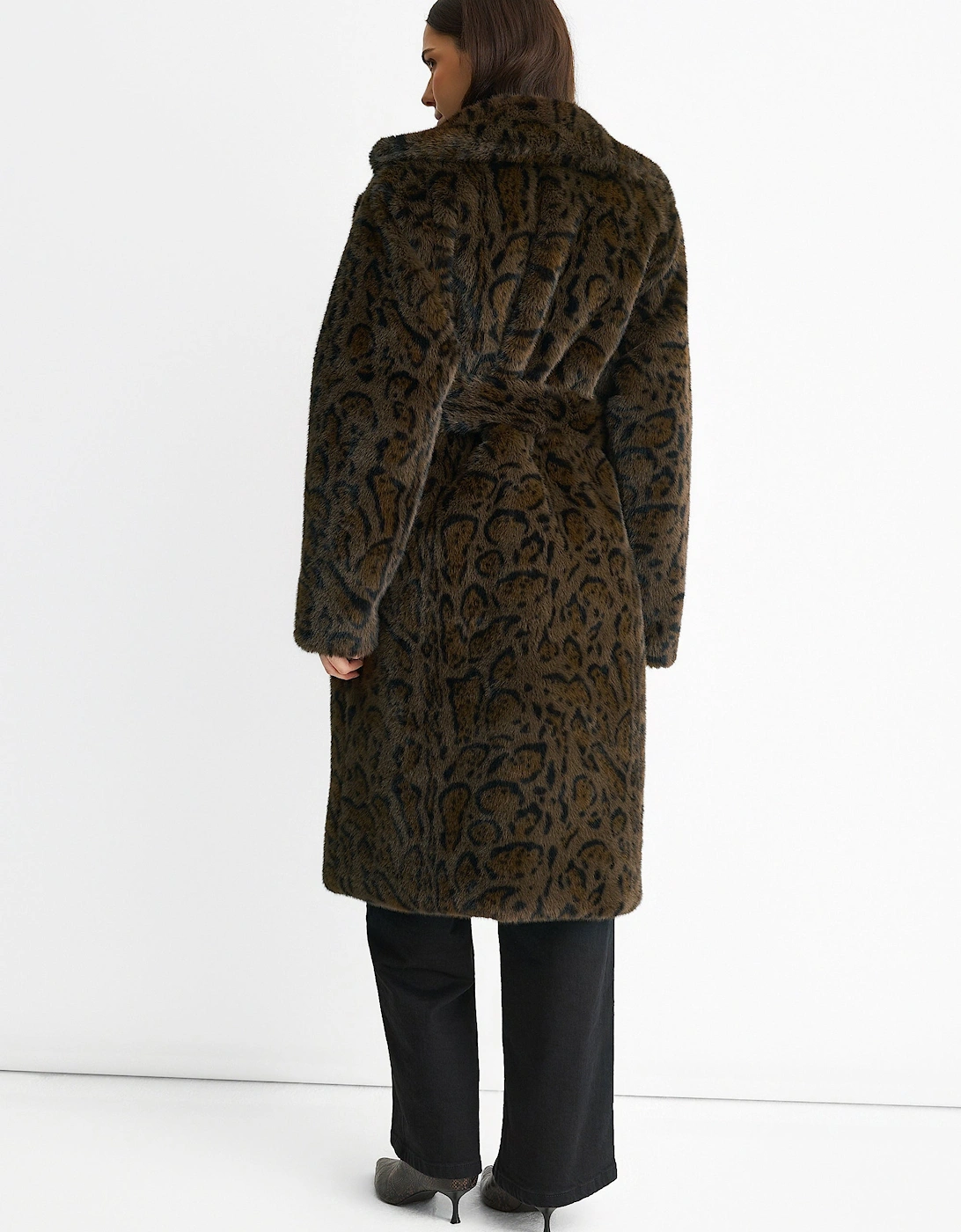 Chocolate Leopard Print Premium Faux Fur Belted Coat
