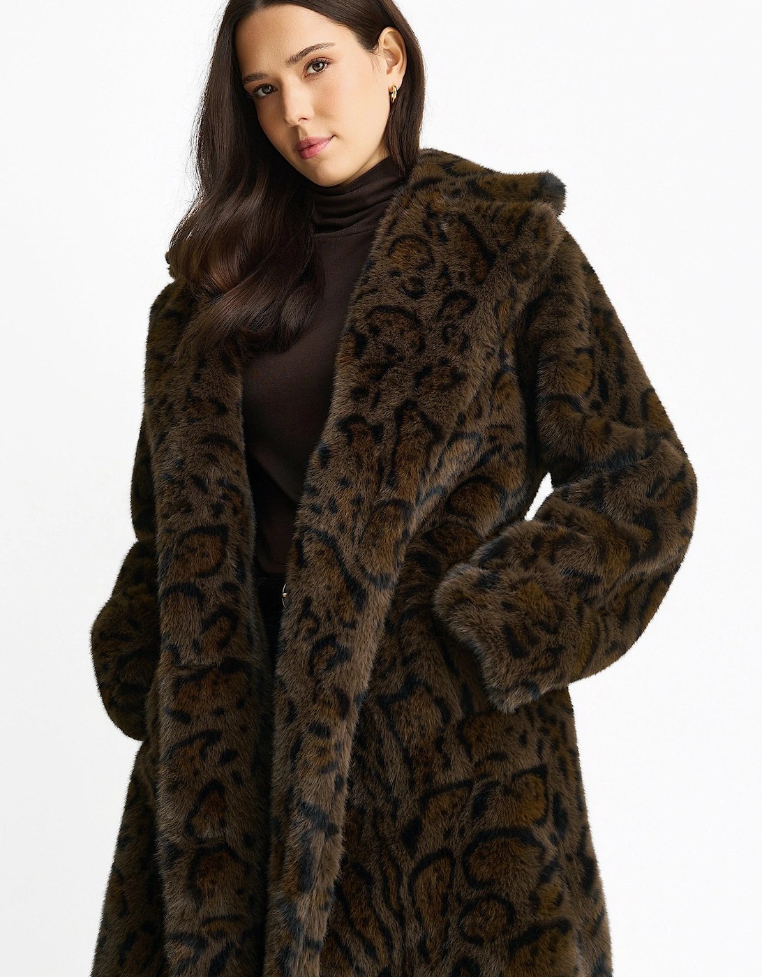 Chocolate Leopard Print Premium Faux Fur Belted Coat